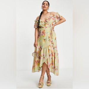 ASOS Hope & Ivy Plus Cold shoulder ruffle maxi dress in sage floral